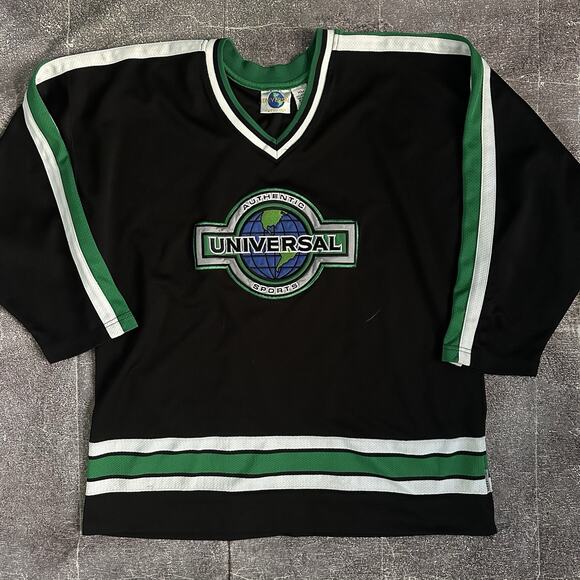 Men's Vintage 90s Universal Studios Sports Black White Green Hockey Jersey Sz XL - Picture 1 of 3